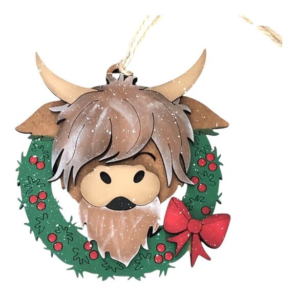Handmade Whimsical Highlander Cow Wreath Santa Hat Hand Painted Wood Ornament - Picture 8 of 9